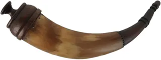 Powder Horn,
13-1/8", paneled tip,
patina finished, turned walnut base